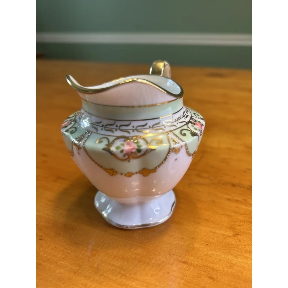 Cottagecore Hand Painted Porcelain Mini Creamer Floral Gold‎ Moriage Pink Green